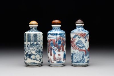 Three Chinese blue, white and copper-red snuff bottles, 19th C.