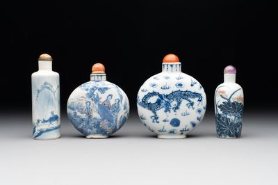 Three Chinese blue, white and copper-red snuff bottles and a blue and white snuff bottle, Qianlong mark, 19th C.