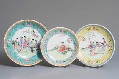 Three Chinese famille rose dishes with ladies in a garden, Qianlong marks, Republic, 20th C.