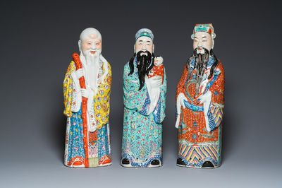 Three Chinese famille rose figures of star gods, Mao Ji Sheng Zao 茂記生造 mark, 19/20th C.