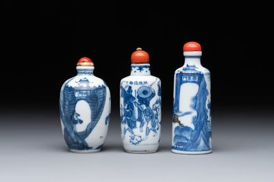 Two Chinese blue and white snuff bottles and a blue, white and copper-red snuff bottle, Yongzheng mark, 19th C.
