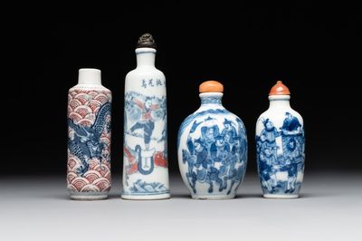 Two Chinese blue and white snuff bottles and two blue, white and copper-red snuff bottles, Yongzheng and Qianlong mark, 19th C.