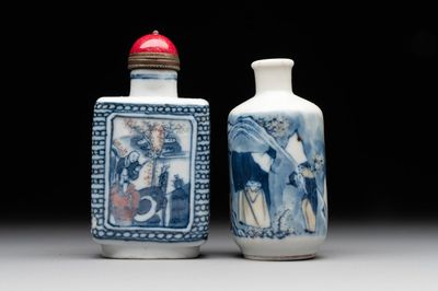 Two Chinese blue, white and copper-red snuff bottles, Chenghua mark, 19/20th C.