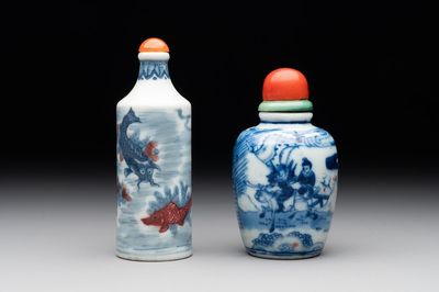 Two Chinese blue, white and copper-red snuff bottles, Gui Li Lian Nian 鮭鯉鰱鯰 and Qianlong mark, 18/19th C.