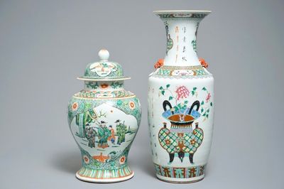 Two Chinese famille rose and verte vases, 19/20th C.