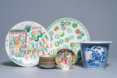 Two Chinese famille rose dishes, nine Canton saucers and a blue and white flowerpot, 19th C.