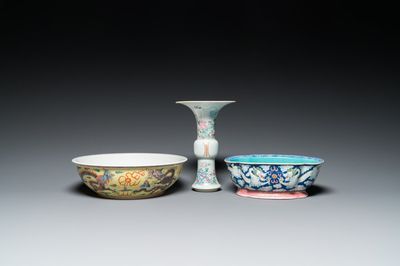 Two Chinese famille rose 'dragon' bowls and a vase with floral design, 19/20th C.