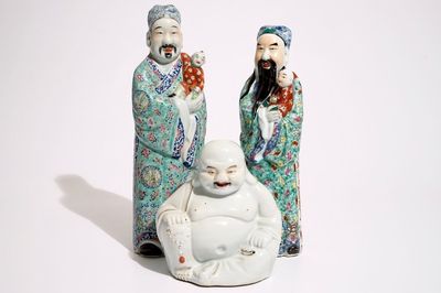 Two Chinese famille rose figures of immortals and a white-glazed model of Buddha, 19/20th C.