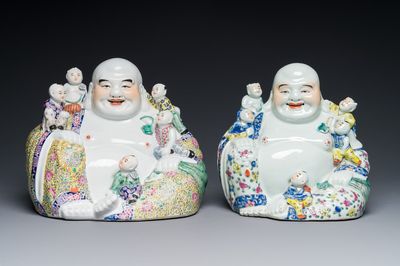 Two Chinese famille rose Milefo Buddhas, Zhu Mao Ji Zao 朱茂記造 and Zhu Yitai 朱義泰 mark, Republic