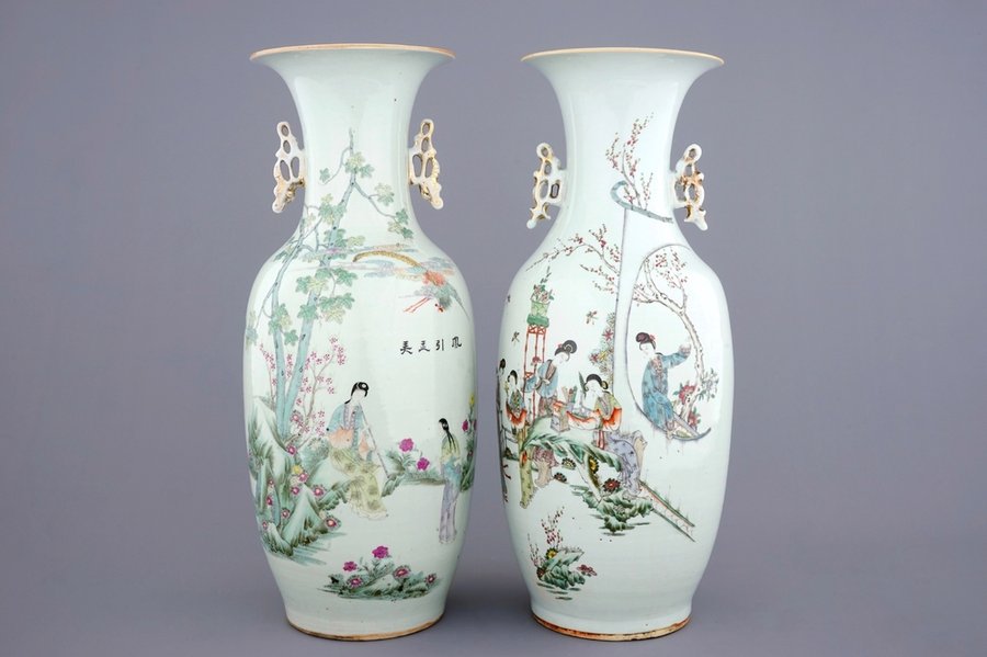Two Chinese famille rose vases with ladies in a garden, 19/20th C.