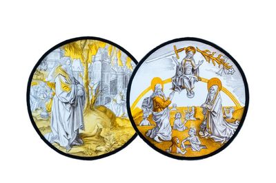 Two painted glass roundels depicting 'The Last Judgment' & 'Abraham sees Sodom in flames', Southern Netherlands, probably 19th C.