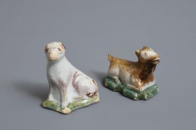 Two polychrome Dutch Delft miniatures of a dog and a goat, 18th C.