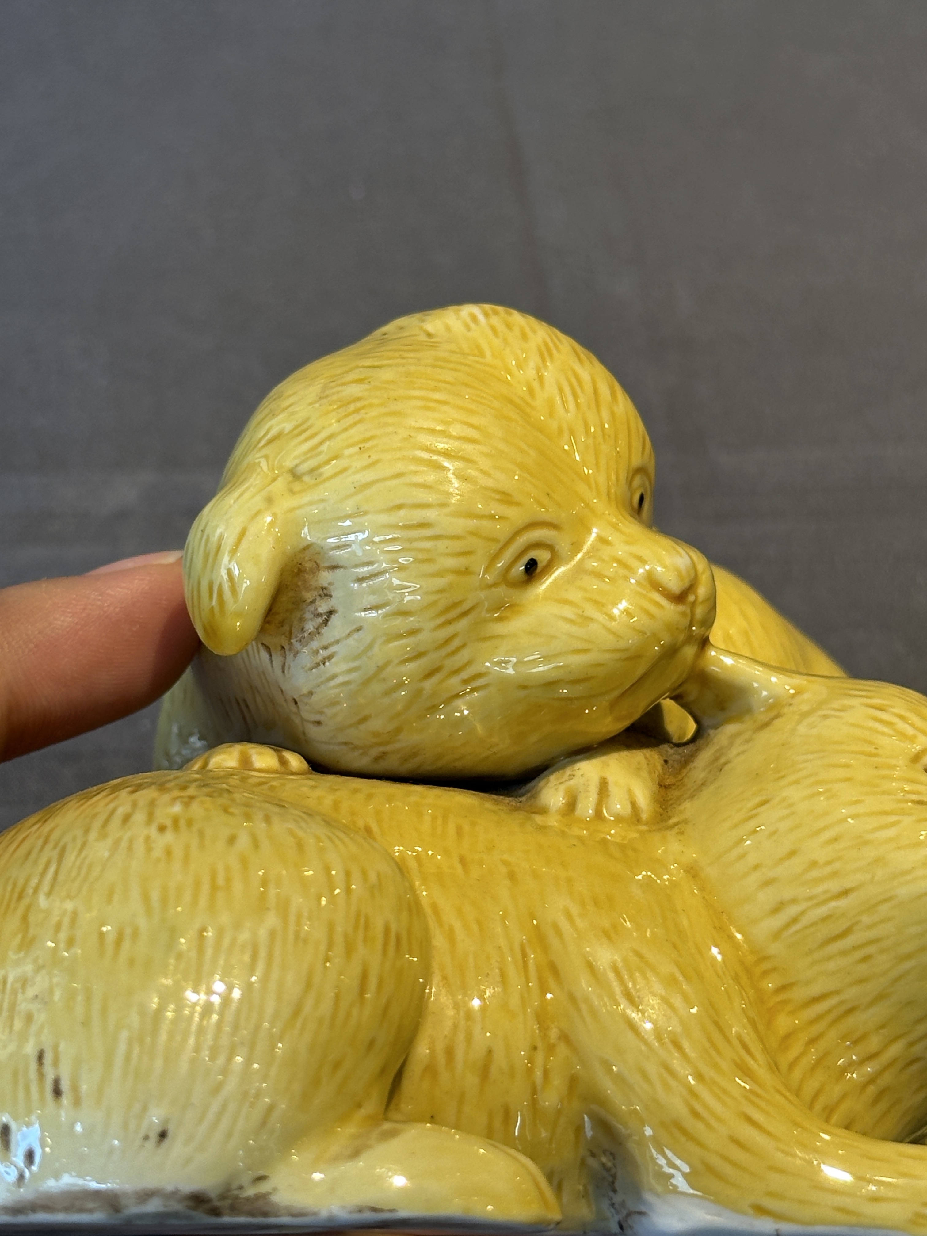 A Chinese monochrome yellow-glazed group of two playing dogs, 19th C