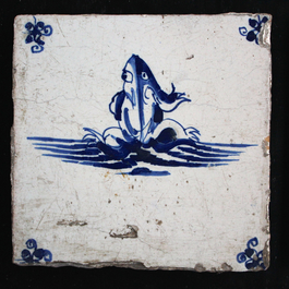 Lot de 6 carreaux en fa&iuml;ence de Delft, bleu et blanc, diff&eacute;rentes images d'animaux, 17e et 18e