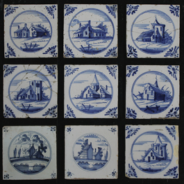 Lot van 19 blauw en witte Delftse tegels,  met verschillende taferelen, 17e-18e eeuw