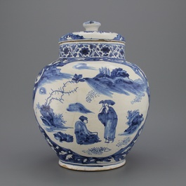 A very early blue and white Delftware but probably Haarlem maiolica chinoiserie jar and cover ca. 1630