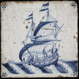 Lot de 6 carreaux en fa&iuml;ence de Delft, bleu et blanc, sc&egrave;nes maritimes, 17e et 18e