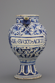 An Antwerp maiolica blue and white wet drug jar with a foglie decoration, ca. 1580