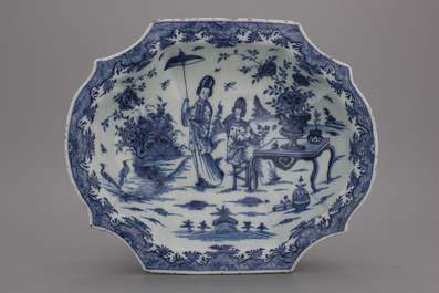 A Dutch Delft blue and white chinoiserie rectangular basin with ladies in a garden, ca. 1720