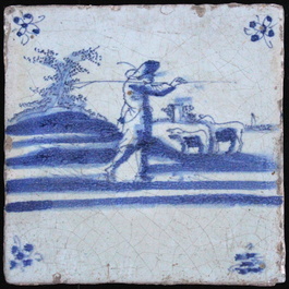 A set of 4 Delft blue and white tiles with various scenes, possibly Lille or Ghent, 17th C.