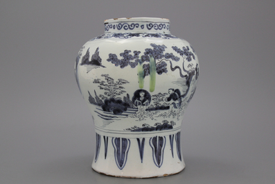 A Dutch Delft blue and white baluster vase in transitional style, late 17th C.