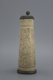A Siegburg stoneware pewter-mounted schnelle, dated 1589