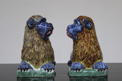 A massive pair of French faience Lun&eacute;ville recumbent lions, ca. 1800