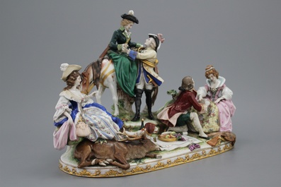 Grande groupe en porcelaine, Allemagne Scheibe Alsbach, sc&egrave;ne de picque-nique apr&egrave;s la chasse, 19e-20e