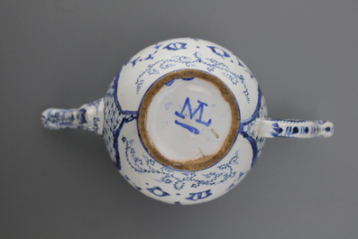 A French faience blue and white teapot, late 18th C.