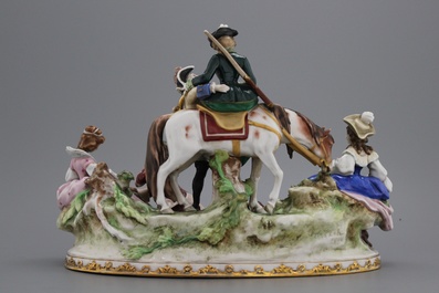 A large German porcelain group with a pic-nic scene after the hunt, Scheibe Alsbach, 19th/20 C.