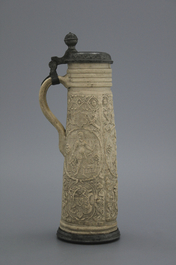 A Siegburg stoneware pewter-mounted schnelle, dated 1589