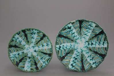 Two lobed Brussels faience plates with leaf patterns, 18th C.