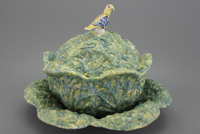 A very large Brussels or Delft cabbage tureen on stand, 18th C.