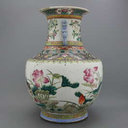 An impressive Chinese porcelain famille rose hu vase with ducks, 19th C.