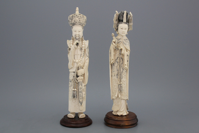 A pair of Chinese carved ivory figures of the emperor couple, first half 20th C.