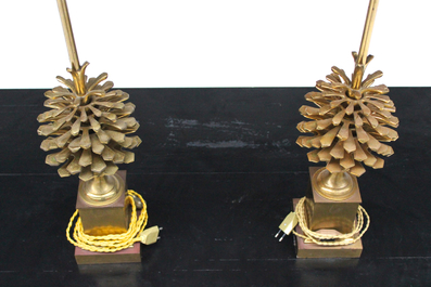 A large pair of Maison Charles pine cone lamps, bronze, ca. 1950