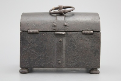 A cast iron letter box with a secret opening mechanism, 16/17th C.