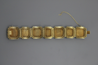 A Chinese gilt silver and jadeite bracelet, early 20th C.