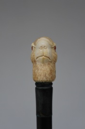 An ivory and ebony walking cane, rabbit and duck handle, 19th C.
