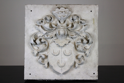 A large plaster cast of the coat of arms of Hoeke, workshop De Wispelaere, Bruges, 1st half 20th C.