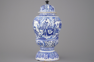 An unusual large Dutch Delft chinoiserie urn and cover, 17th C.
