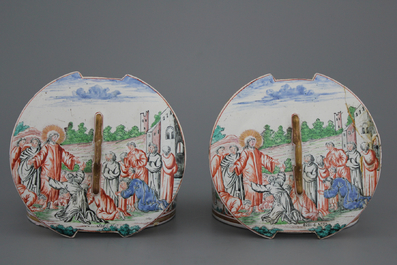 A pair of very fine Dutch Delft petit feu butter tubs with biblical scenes, early 18th C.