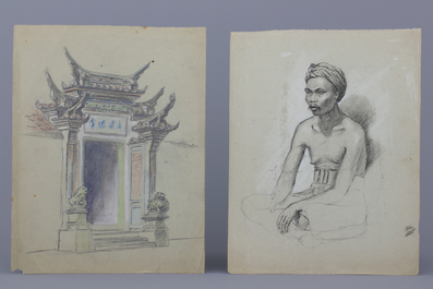 Jan van Aken, (1905-), six pencil drawings, portraits of Bali, Indonesia