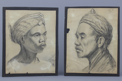 Jan van Aken (1905-?), 6 dessins en crayon, portraits de Bali, l'Indon&eacute;sie