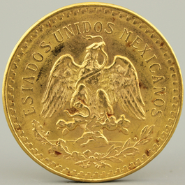 A gold coin, 50 Pesos Estados Unidos Mexicanos, 1821-1947