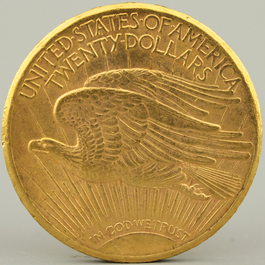 A gold coin, Saint Gaudens Double Eagle, 1910, $20