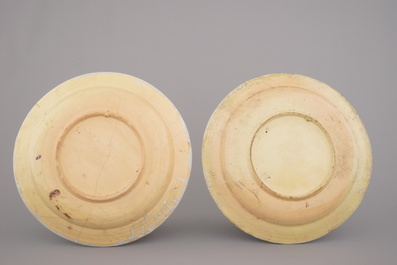 Deux plats en fa&iuml;ence polychrome fran&ccedil;aise, probablement Lille, atelier Wamps-Masquelier, fin 18e