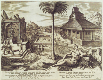 Grote Delftse dor&eacute; en petit feu plaquette met de bijbelse stad Sodom, ca 1720