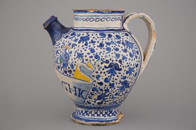 An early Antwerp maiolica blue, yellow and white syrup jar with sgraffiato decor, 1540-1580