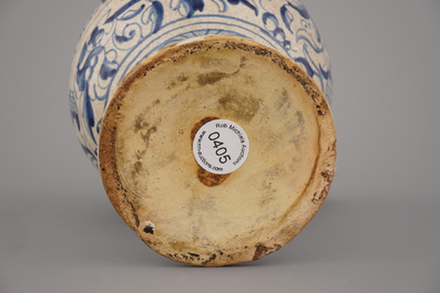 An Antwerp maiolica blue and white syrup jar with &quot;a foglie&quot; decor, ca. 1580